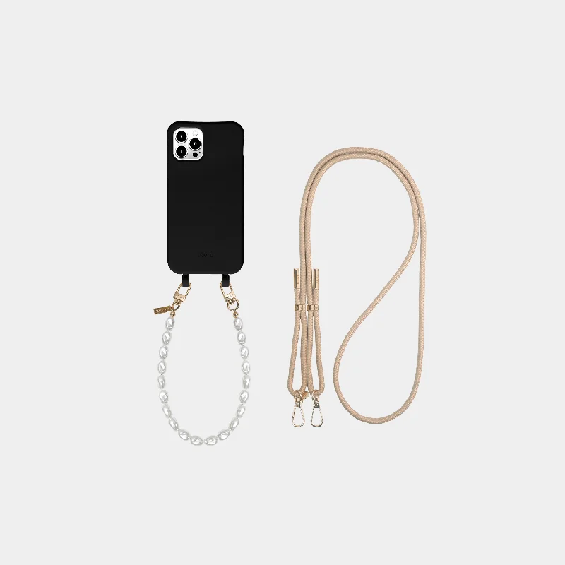 Black Phone Case + Pearl Wristlet + Beige Crossbody Strap