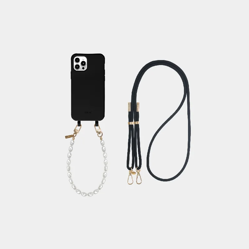 Black Phone Case + Pearl Wristlet + Black Crossbody Strap