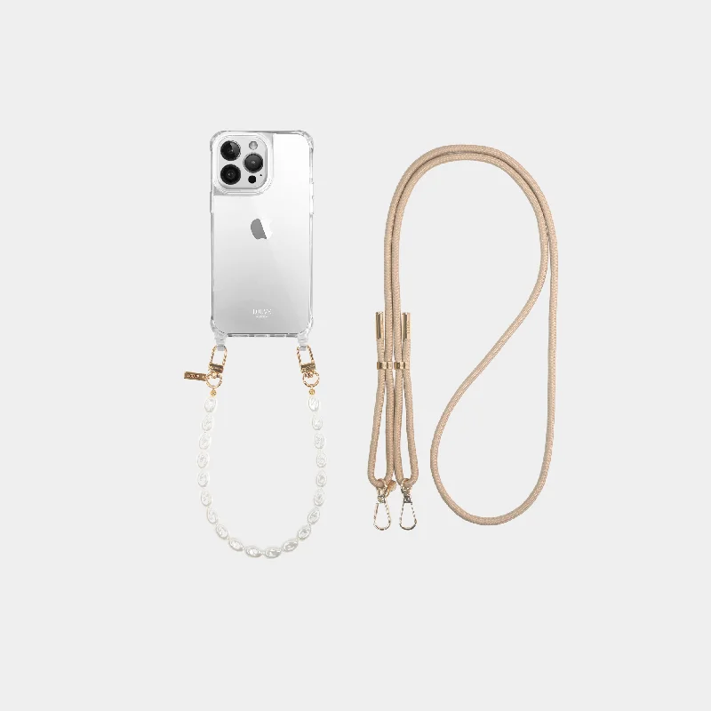 Clear Phone Case + Beige Crossbody Strap + Pearl Wristlet