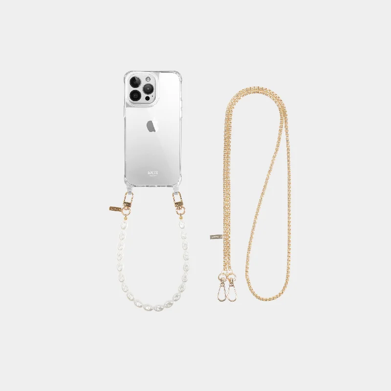 Clear Phone Case + Gold-Plated Crossbody Chain + Pearl Wristlet