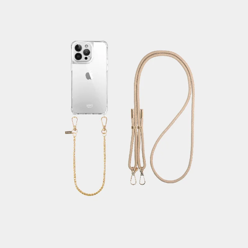 Clear Phone Case + Gold-Plated Wristlet + Beige Crossbody Strap