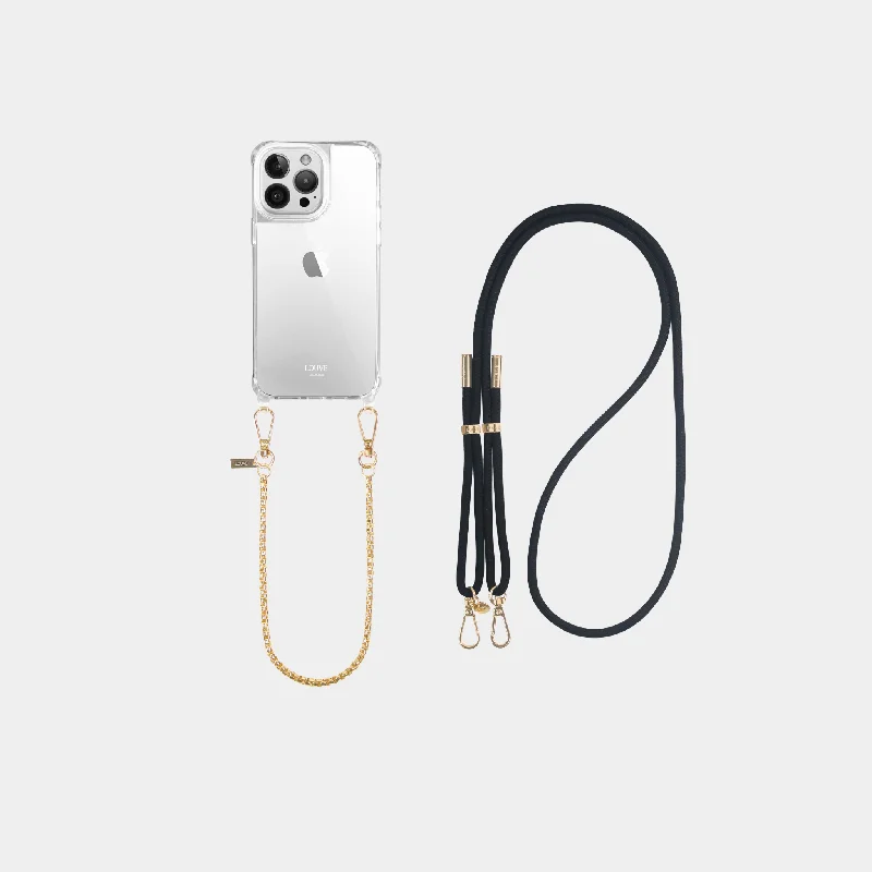 Clear Phone Case + Gold-Plated Wristlet + Black Crossbody Strap