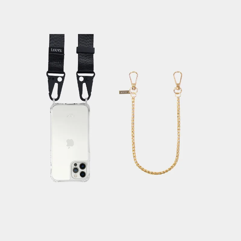 Clear Phone Case + Gold-Plated Wristlet + Black Crossbody Lanyard