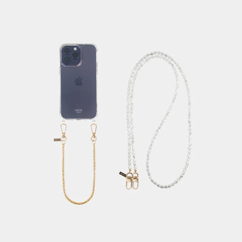 Clear Phone Case + Gold-Plated Wristlet + Pearl Crossbody Chain