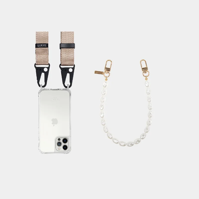 Clear Phone Case + Pearl Wristlet + Nude Crossbody Lanyard