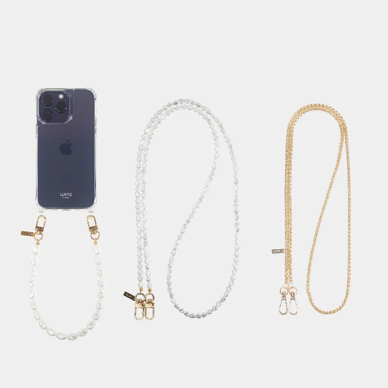 Clear Phone Case + Pearl Wristlet & Crossbody Chain + Gold-Plated Chain