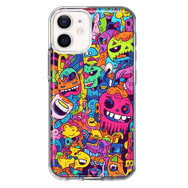 For Apple iPhone 12 Mini Psychedelic Trippy Happy Characters Pop Art Design Hybrid Protective Phone Case Cover