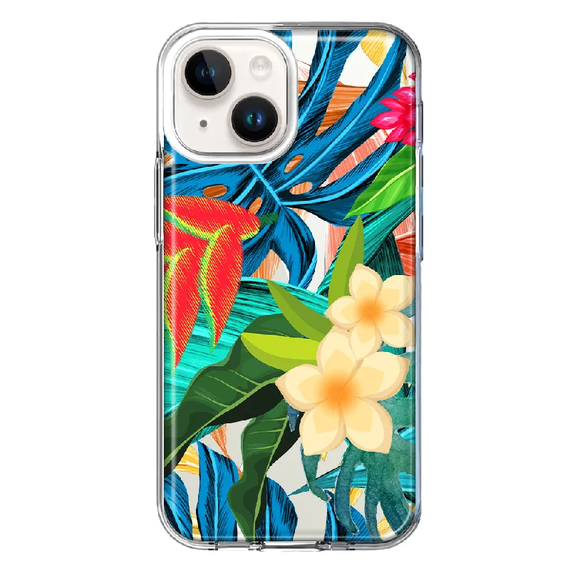 For Apple iPhone 15 Blue Monstera Pothos Tropical Floral Summer Flowers Case Cover