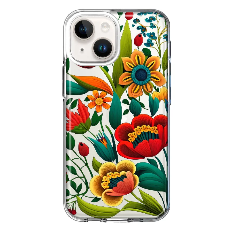 For Apple iPhone 15 Colorful Red Orange Folk Style Floral Vibrant Spring Flowers Case Cover