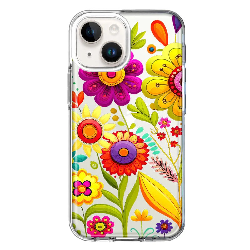 For Apple iPhone 15 Colorful Yellow Pink Folk Style Floral Vibrant Spring Flowers Case Cover