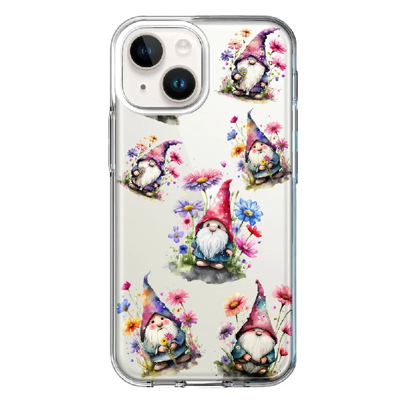 For Apple iPhone 15 Cute Pink Purple Cosmos Flowers Gnomes Spring Floral Case Cover