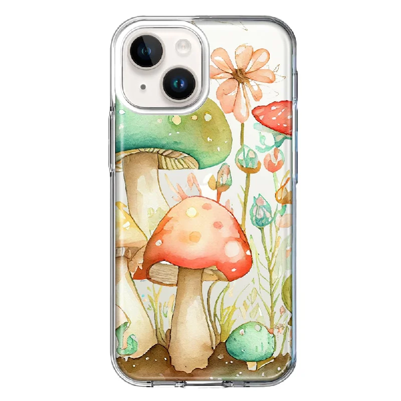 For Apple iPhone 15 Fairy Tale Watercolor Mushrooms Pastel Spring Flowers Floral Case Cover