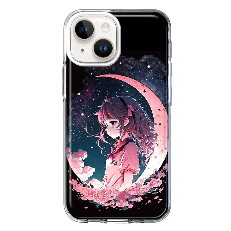 For Apple iPhone 15 Kawaii Manga Pink Cherry Blossom Dreaming Moon Girl Case Cover