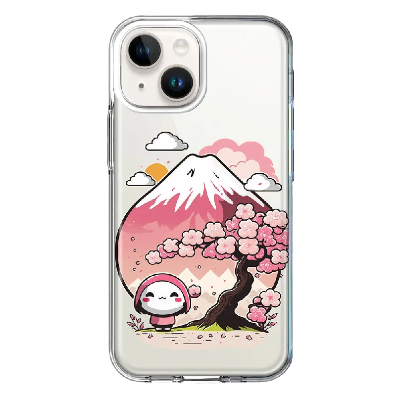 For Apple iPhone 15 Kawaii Manga Pink Cherry Blossom Fuji Mountain Mochi Girl Case Cover