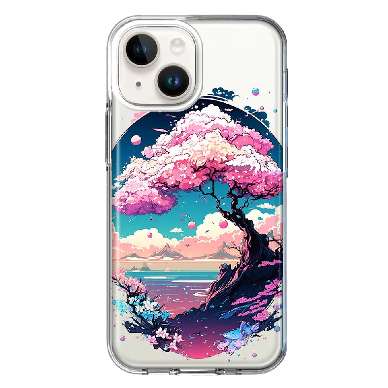 For Apple iPhone 15 Kawaii Manga Pink Cherry Blossom Japanese Sky Floral Ocean Case Cover