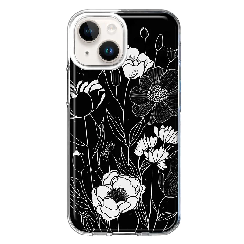 For Apple iPhone 15 Line Drawing Art White Floral Flowers Case Cover