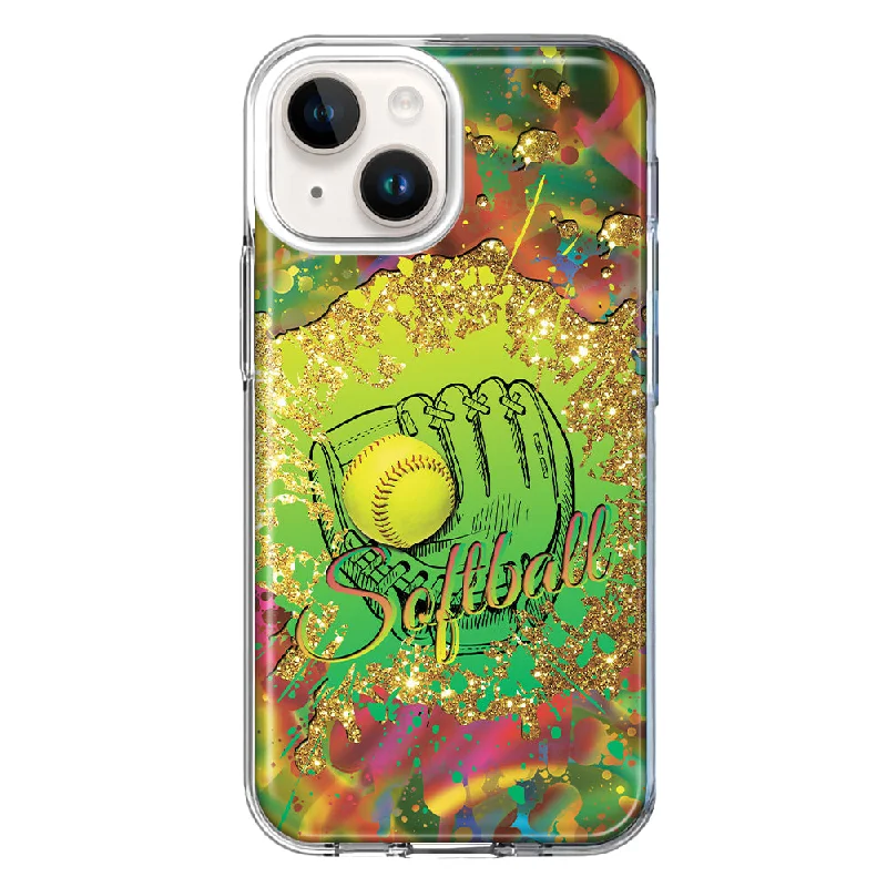 For Apple iPhone 15 Love Softball Girls Glove Green Tie Dye Swirl Paint Case Cover