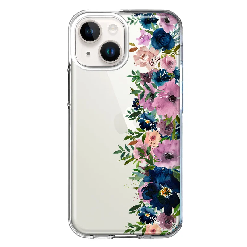 For Apple iPhone 15 Navy Blue Summer Watercolor Floral Classic Purple Flowers Case Cover