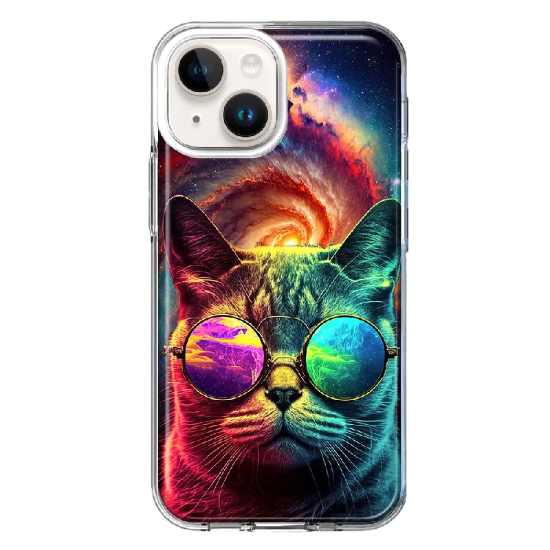 For Apple iPhone 15 Neon Rainbow Galaxy Cat Case Cover