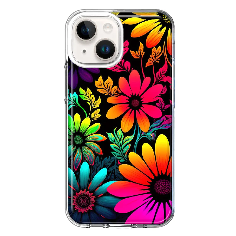 For Apple iPhone 15 Neon Rainbow Glow Colorful Abstract Flowers Floral Case Cover