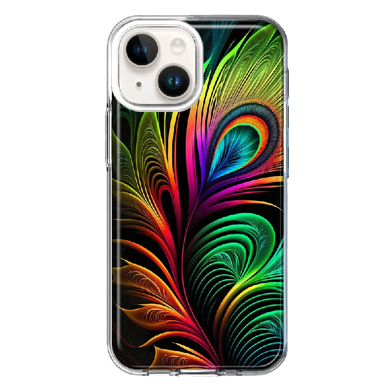 For Apple iPhone 15 Neon Rainbow Glow Peacock Feather Case Cover