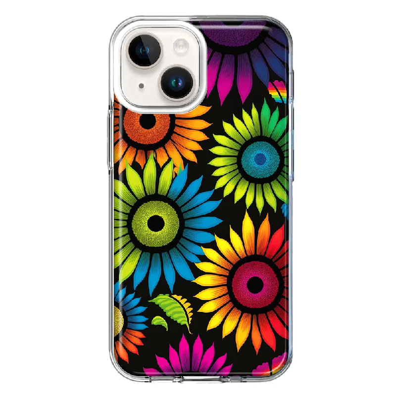 For Apple iPhone 15 Neon Rainbow Glow Sunflowers Colorful Floral Pink Purple Case Cover