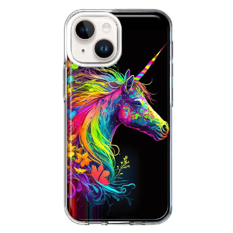 For Apple iPhone 15 Neon Rainbow Glow Unicorn Floral Case Cover