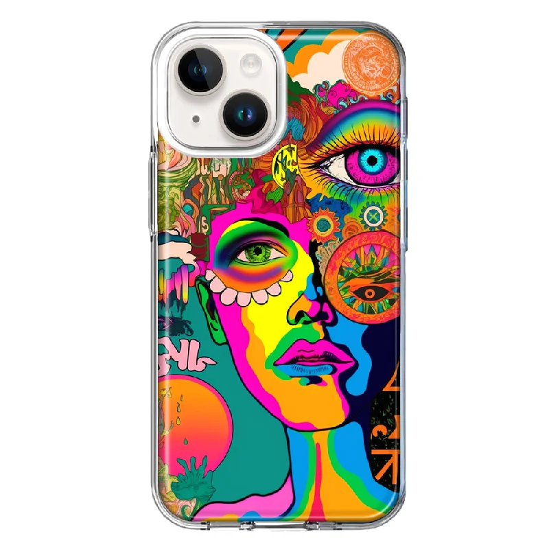 For Apple iPhone 15 Neon Rainbow Psychedelic Hippie One Eye Pop Art Case Cover