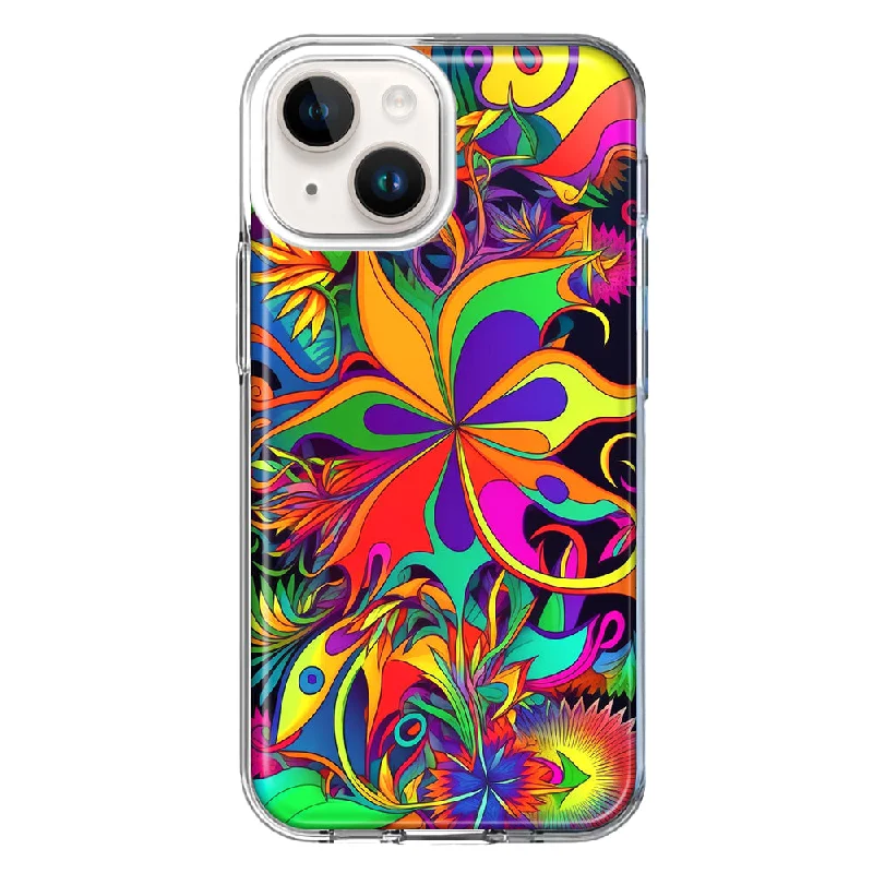 For Apple iPhone 15 Neon Rainbow Psychedelic Hippie Wild Flowers Case Cover