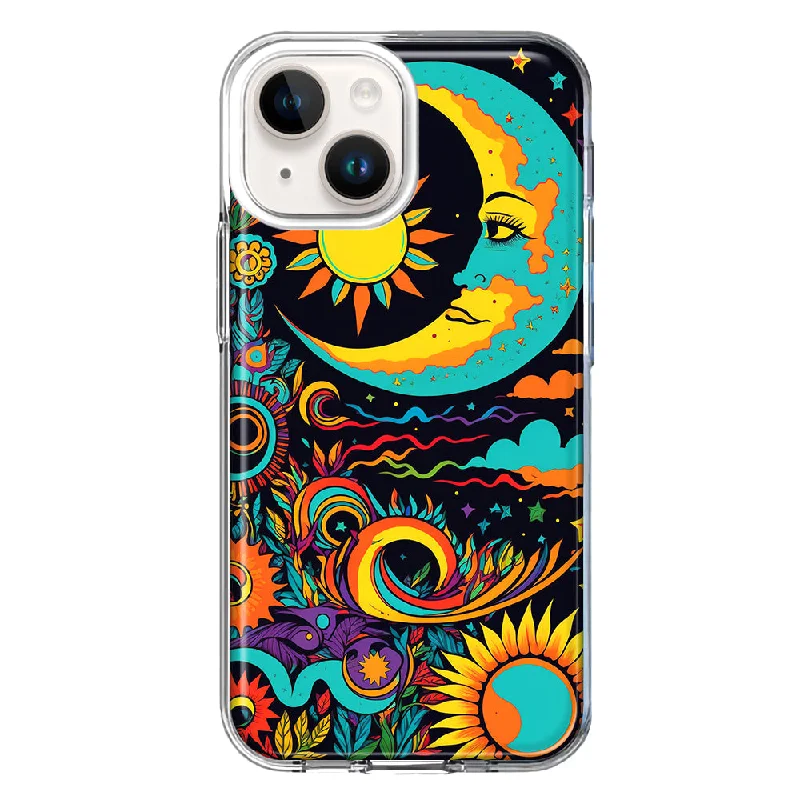 For Apple iPhone 15 Neon Rainbow Psychedelic Indie Hippie Indie Moon Case Cover