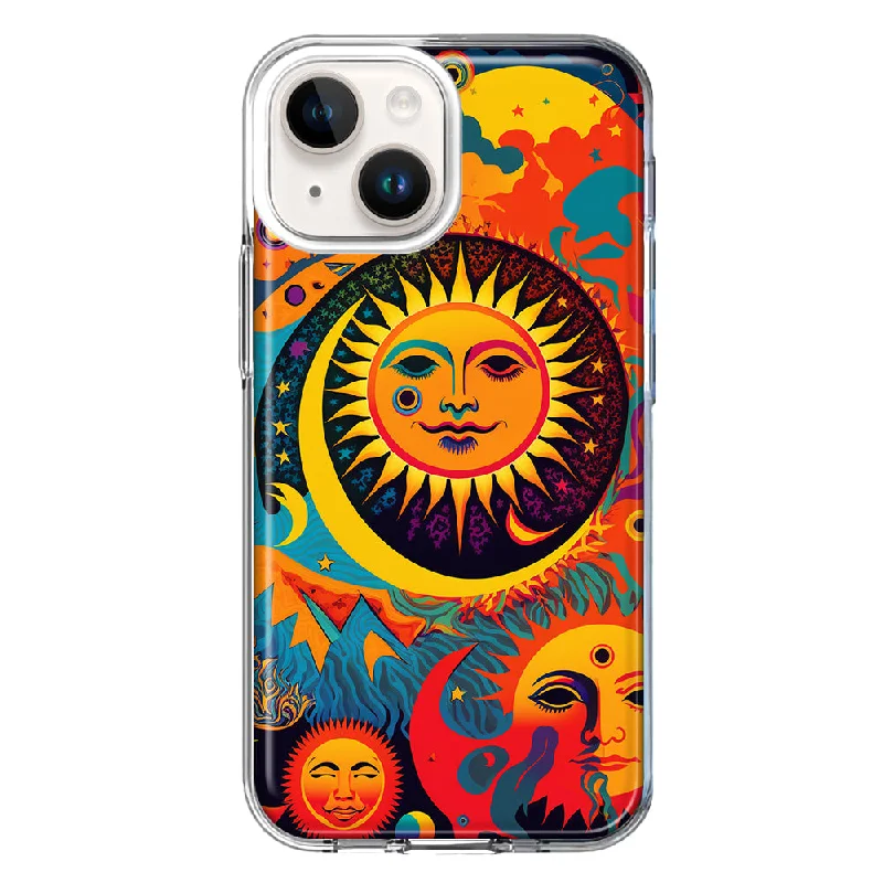 For Apple iPhone 15 Neon Rainbow Psychedelic Indie Hippie Sun Moon Case Cover