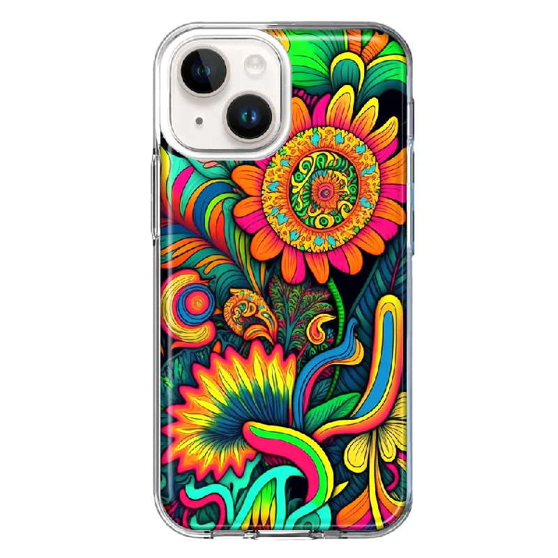 For Apple iPhone 15 Neon Rainbow Psychedelic Indie Hippie Sunflowers Case Cover