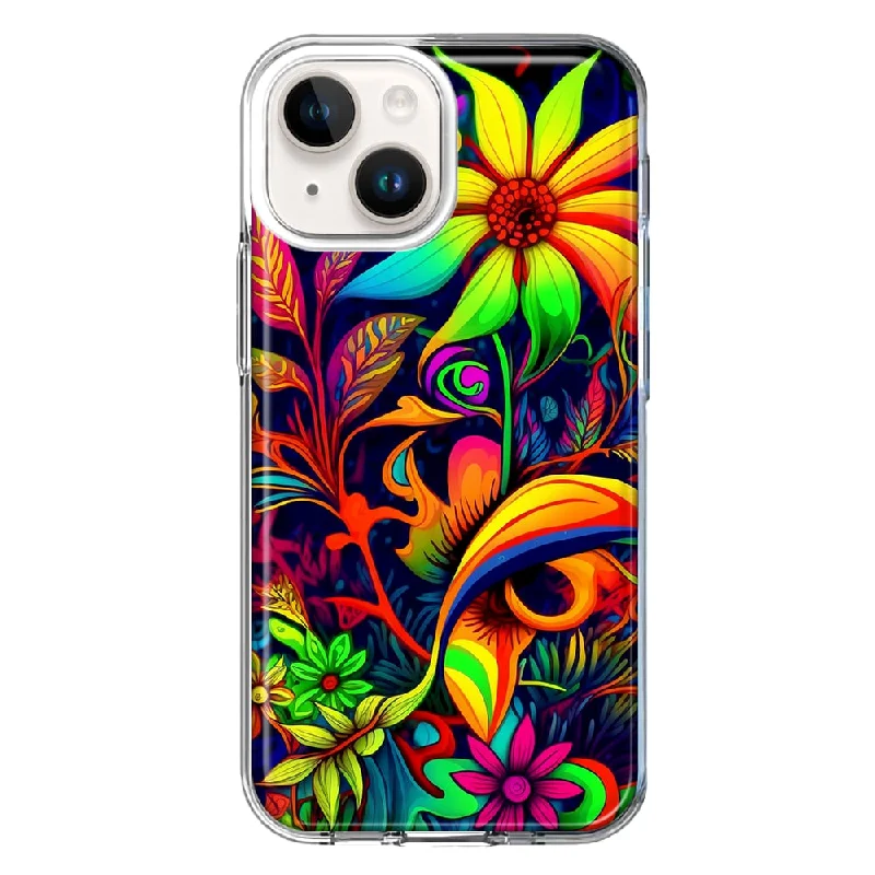 For Apple iPhone 15 Neon Rainbow Psychedelic Trippy Hippie Daisy Flowers Case Cover