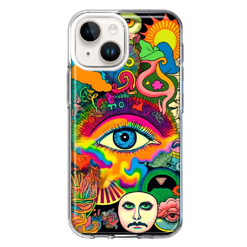 For Apple iPhone 15 Neon Rainbow Psychedelic Trippy Hippie Multiple Eyes Case Cover