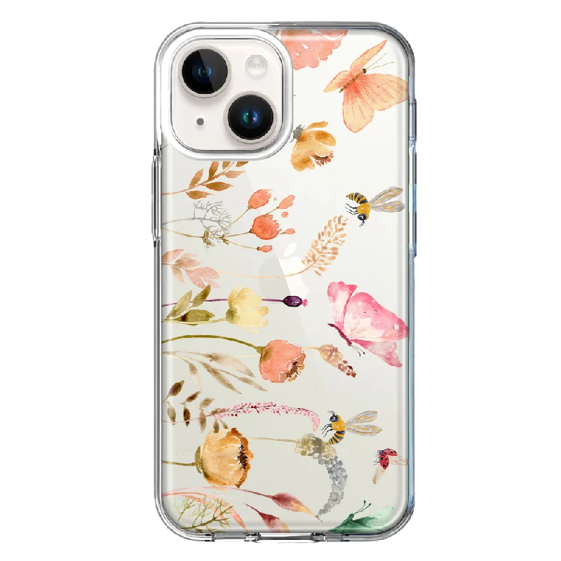 For Apple iPhone 15 Peach Meadow Wildflowers Butterflies Bees Watercolor Floral Case Cover