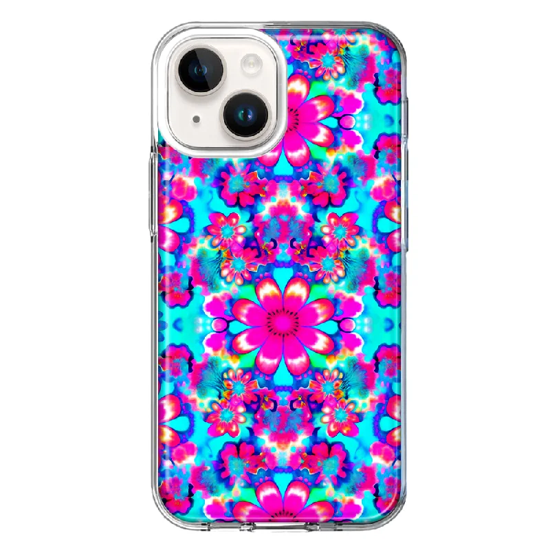 For Apple iPhone 15 Pink Blue Vintage Hippie Tie Dye Flowers Case Cover