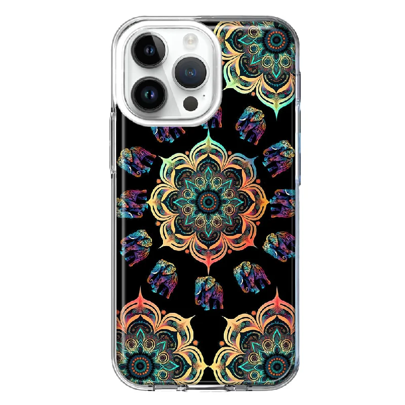 For Apple iPhone 15 Pro Mandala Geometry Abstract Elephant Pattern Design Hybrid Protective Phone Case Cover