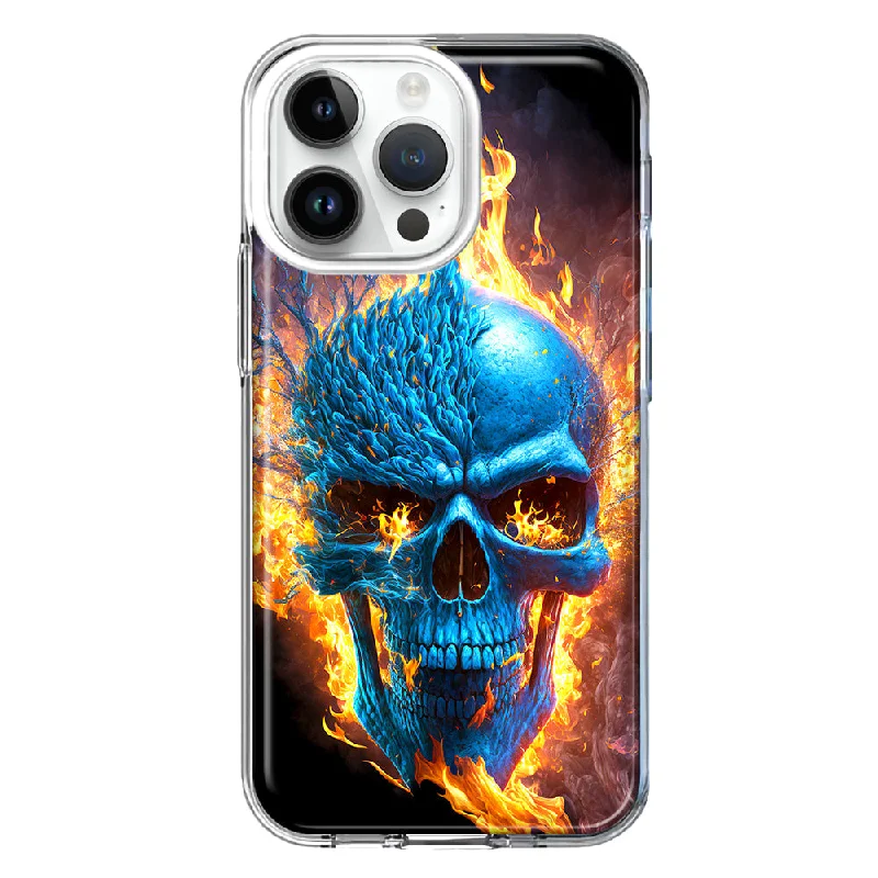 For Apple iPhone 15 Pro Max Blue Flaming Skull Burning Fire Double Layer Phone Case Cover