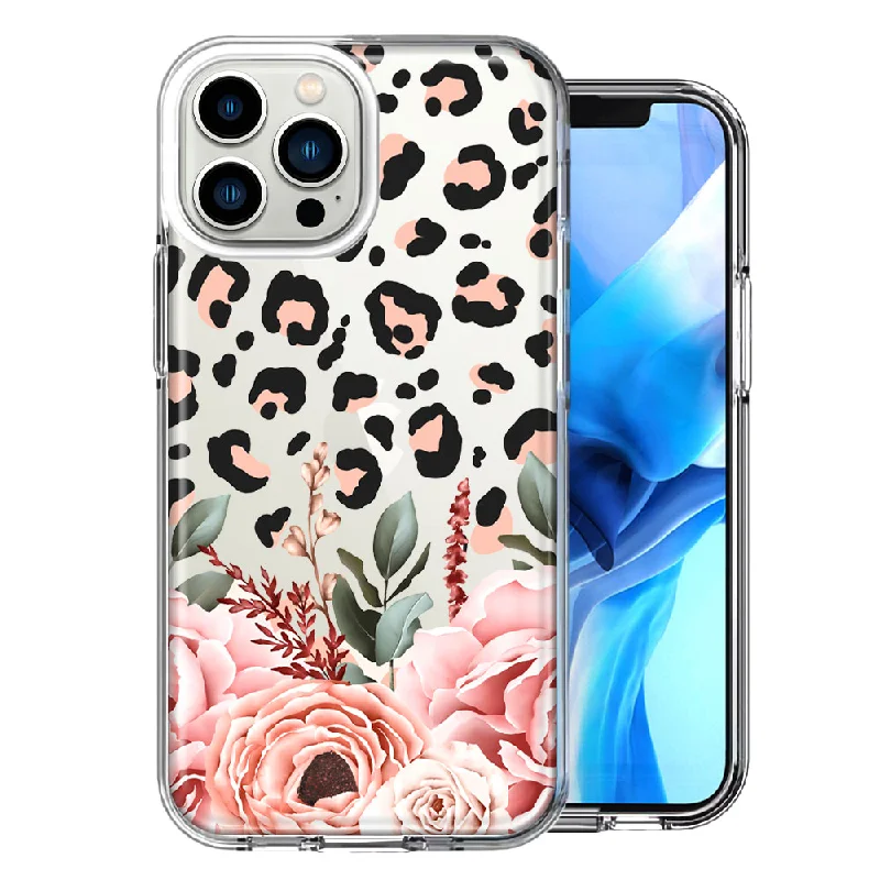 For Apple iPhone 15 Pro Max Classy Blush Peach Peony Rose Flowers Leopard Design Double Layer Phone Case Cover