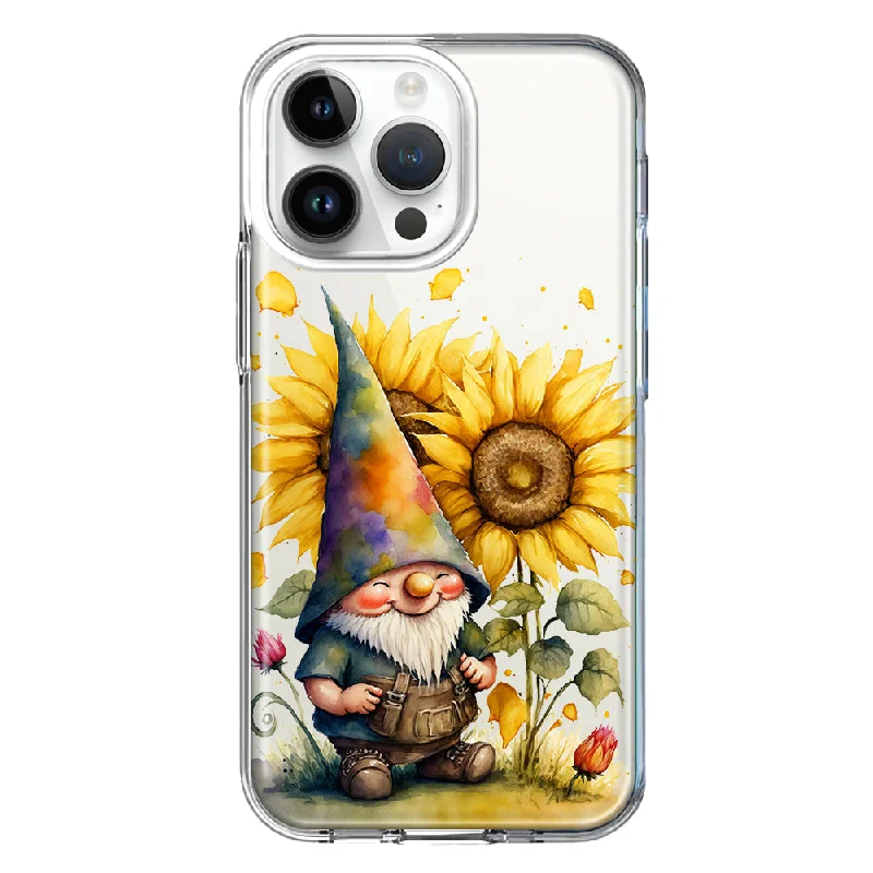 For Apple iPhone 15 Pro Max Cute Gnome Sunflowers Clear Design Hybrid Protective Phone Case Cover