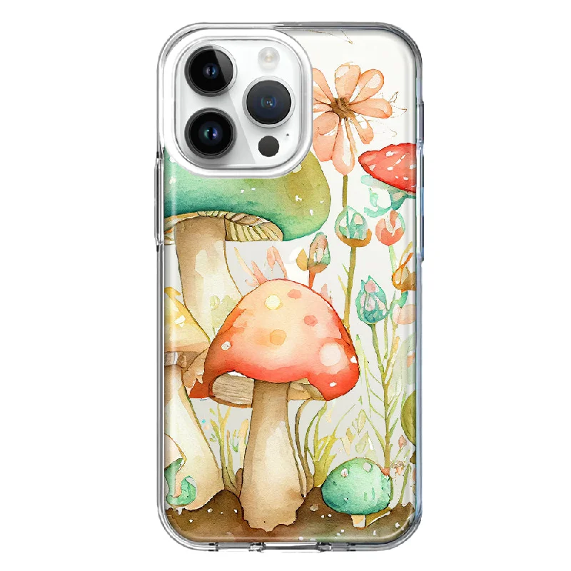 For Apple iPhone 15 Pro Max Fairy Tale Watercolor Mushrooms Pastel Spring Flowers Floral Design Hybrid Protective Phone Case Cover