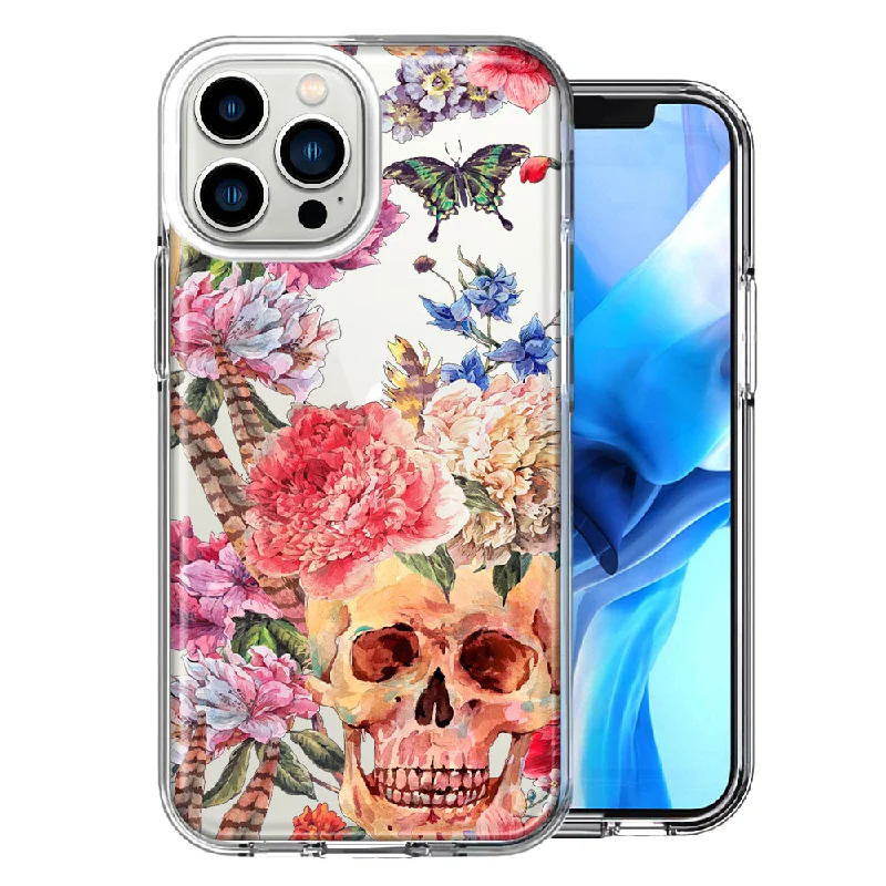 For Apple iPhone 15 Pro Max Indie Spring Peace Skull Feathers Floral Butterfly Flowers Design Double Layer Phone Case Cover