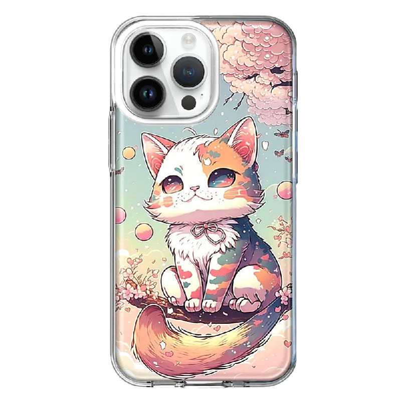 For Apple iPhone 15 Pro Max Kawaii Manga Pink Cherry Blossom Cute Cat Design Hybrid Protective Phone Case Cover