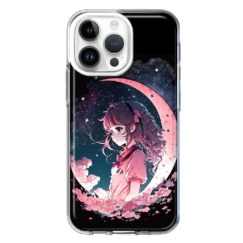 For Apple iPhone 15 Pro Max Kawaii Manga Pink Cherry Blossom Dreaming Moon Girl Hybrid Protective Phone Case Cover