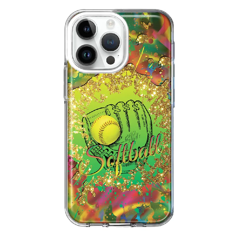 For Apple iPhone 15 Pro Max Love Softball Girls Glove Green Tie Dye Swirl Paint Design Hybrid Protective Phone Case Cover