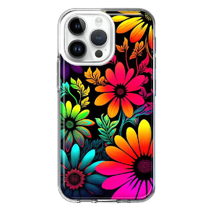 For Apple iPhone 15 Pro Max Neon Rainbow Glow Colorful Abstract Flowers Floral Hybrid Protective Phone Case Cover