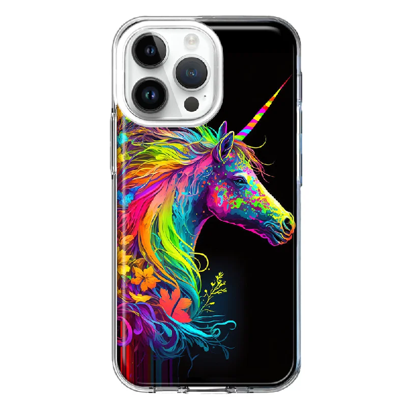 For Apple iPhone 15 Pro Max Neon Rainbow Glow Unicorn Floral Hybrid Protective Phone Case Cover