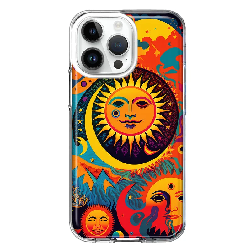 For Apple iPhone 15 Pro Max Neon Rainbow Psychedelic Indie Hippie Sun Moon Hybrid Protective Phone Case Cover