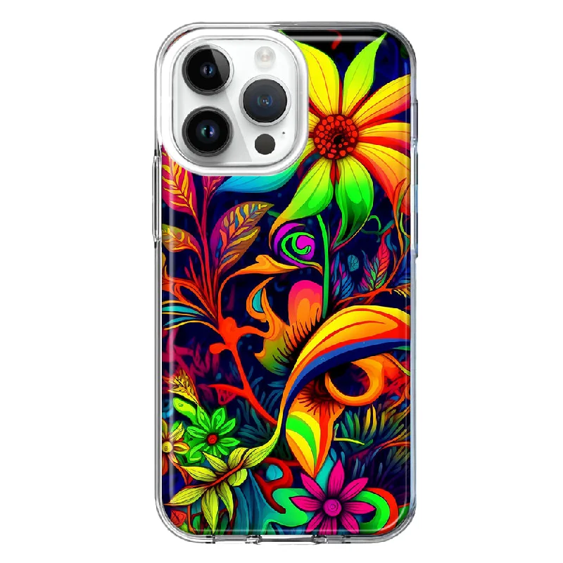 For Apple iPhone 15 Pro Max Neon Rainbow Psychedelic Trippy Hippie Daisy Flowers Design Hybrid Protective Phone Case Cover