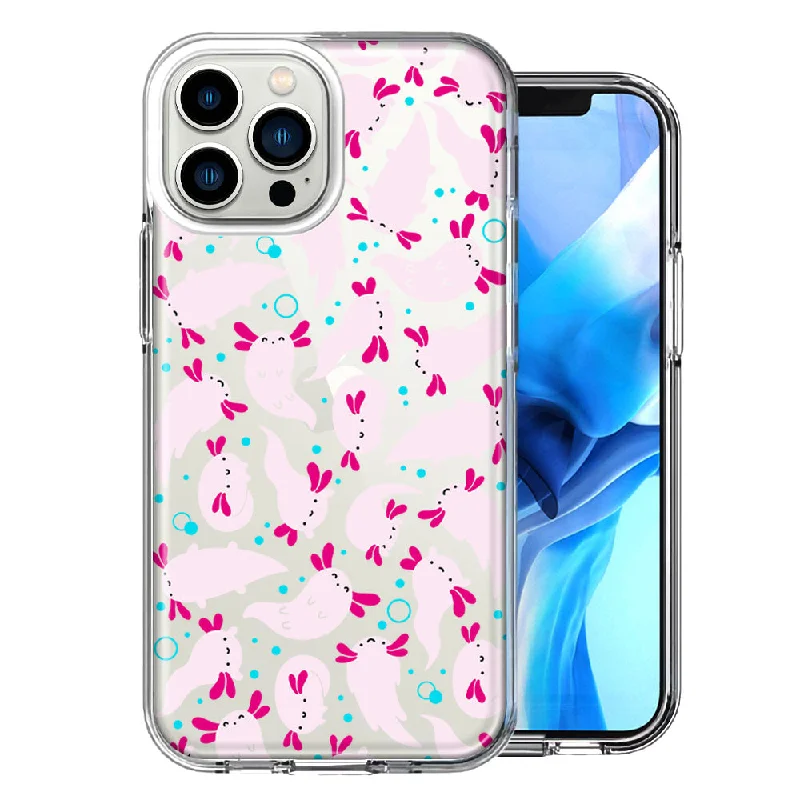 For Apple iPhone 15 Pro Max Pink Happy Swimming Axolotls Polka Dots Double Layer Phone Case Cover